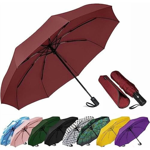 Windproof Compact Travel Umbrella, Automatic Folding, Portable for Men/Women/Teens – Wine Red