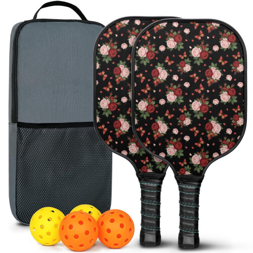 Σετ κουπιών Pickleball από fiberglass με λουλούδια και 2 μπάλες και τσάντα – Συμβατό με