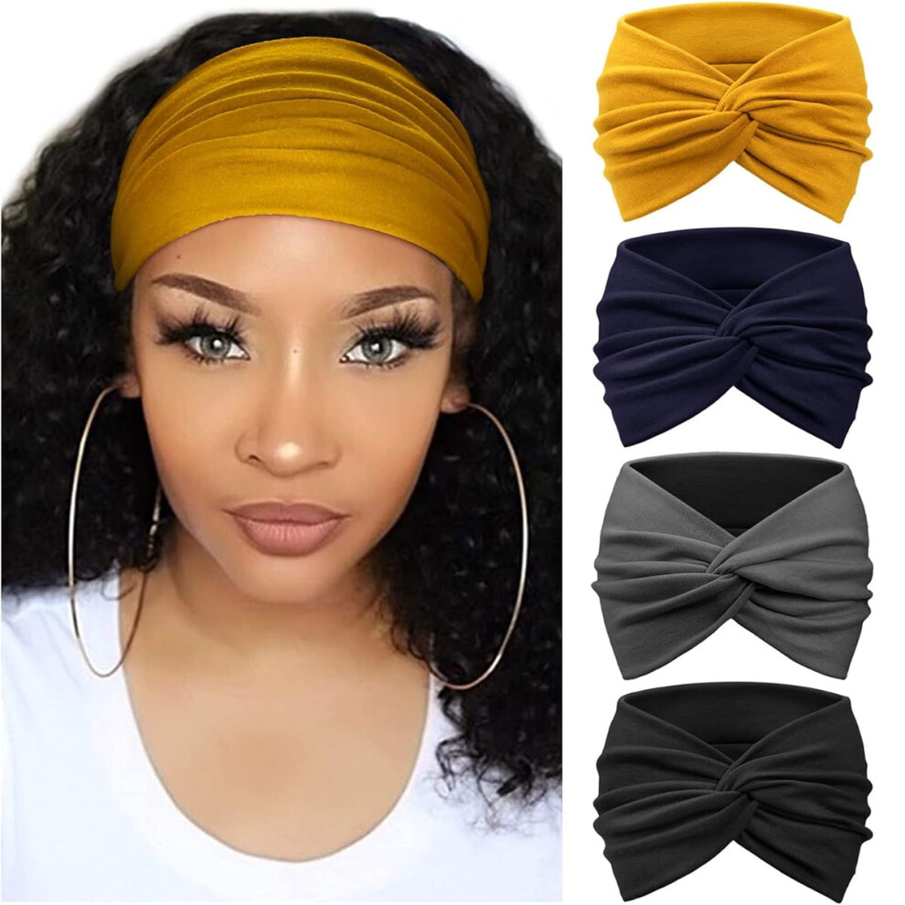 Unisex 4Pcs Wide Headbands For Women Large Turban Headband Boho Head Wrap Elastic Hairbands Hair Twisted Knot Hair Accessories