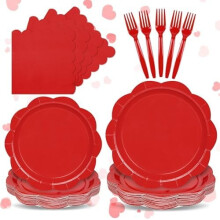 96-Pc Red Paper Plates & Napkins Set for 24 – Valentine's, Baby/Bridal Shower, Wedding – Disposable Scalloped Tableware, Forks, Compatible with