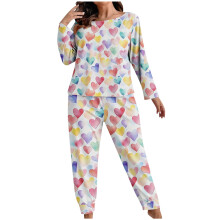 Plus Size 2 részes pizsamaszett nőknek, kerek nyakú, hosszú ujjú, szívmintás hálóruha, puha pizsama, XL-5XL méretben