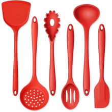 Conjunto de utensílios de cozinha de silicone, vermelho, 6 peças, resistente ao calor, antiaderente e atóxico.