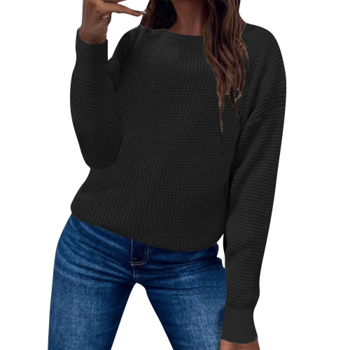 KDFJPTH Oversize-Pullover für Damen, Langarmpullover, Strickwaren, Uni-Print, Schwarz, XXL