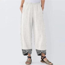 Pantaloni da donna UTTOASFAY, pantaloni casual da donna, in cotone e lino, stampa, vita elasticizzata irregolare, gamba larga, bianchi L
