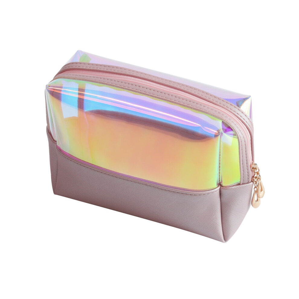 Pink Holographic Makeup Bag Cosmetic Pouch For Women Leather