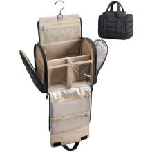 Travel Toiletry Bag with Removable Partition, Puffy Water-resistant Fabric Hanging Organizer for Full-Size Toiletries, Accessories, Black