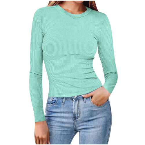 Damhöst Slim Fit Rundringad Långärmad Basic Toppar - Plus Size Vänlig Enfärgad Stretchig Höstblus S-2XL