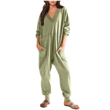 Divatos női onesie pizsama, egyszínű, lezser, bő szabású, hosszú ujjú, V-nyakú overál, lezser pizsama, zöld