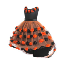 Barnas Halloween-rollespill-prinsessekjole med netting, kronblad-kakekjole, ermeløs rund hals med utsøkte blomster (oransje #3,8 år)
