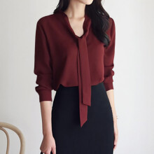 Ediodpoh Damesblouse met lange mouwen, effen kleur, business casual, met strik, rood, maat XL