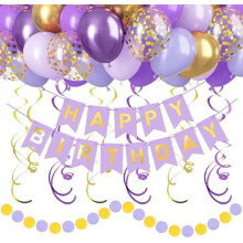 Conjunto de decoração de aniversário roxo e dourado com faixa, guirlanda e balões.