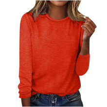 Camisetas de manga larga de poliéster para mujer, cuello redondo, color liso, ideales para salir.