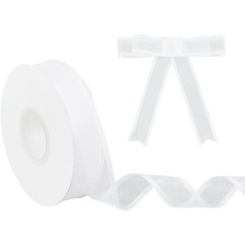 Wit, doorschijnend lint met satijnen rand en draadversteviging, 20 yards (ca. 27,7 meter), 1 inch (ca. 2,5 cm).