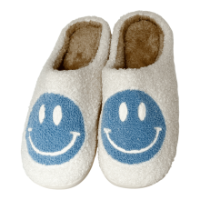 Pantoufles Smiley Preppy pour femmes, style rétro, en peluche chaude (7-7,5, bleues)