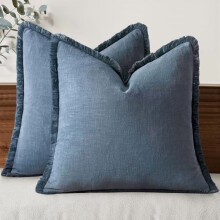 Set van 2 neutrale linnen sierkussenhoezen, 26x26 inch, boho-boerderijstijl met franjes en kwastjes, Blue Ashes, voor bank/sofa/bed