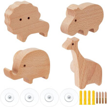 PH4pcs Crochets muraux en bois naturel, crochets pour manteaux et chapeaux en forme d'animaux (girafe, éléphant, lion, hippopotame), multicolores
