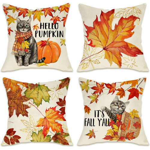 Autumn Maple Leaf Cat Pillow Covers, Cotton Linen, 4-Pack