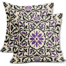 Boho Lin Putetrekk 18x18 tommer, Lilla Svart Blomster