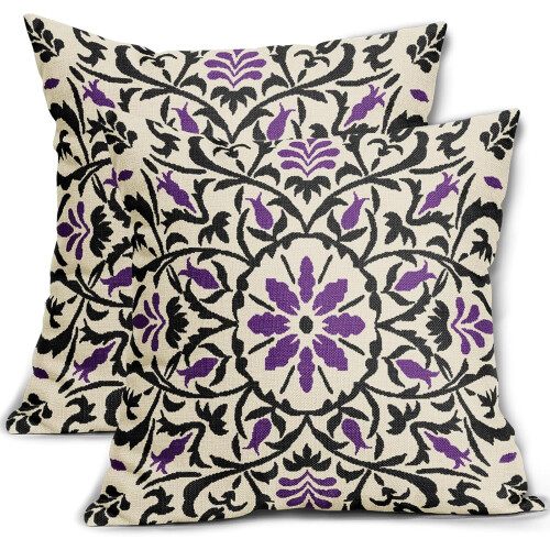 Boho Hørpudebetræk 45x45 cm, Lilla Sort Blomsterprint