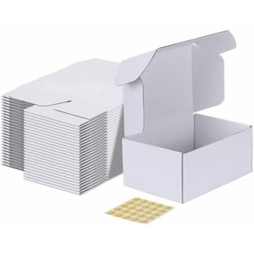 Pacote com 25 caixas de papelão ondulado branco de 9x6x4 polegadas para envio de correspondências e embalagens.
