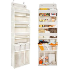 Door Hanging Storage Organizer with 3 Bins, 1 Movable Diaper Caddy, 10 Side Pockets, Beige – Compatible with Standard Doors