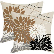 Kissenbezüge mit Dahlienmuster in Braun/Schwarz/Grau, 45 x 45 cm, 2er-Set, moderne Landhaus-Kissenbezüge aus Leinen für Sofa und Bett