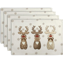 Set van 4 placemats met kerstrendieren en sneeuwvlokken, 30 x 45 cm. Winterse, landelijke linnen tafelmatten voor binnen en buiten.