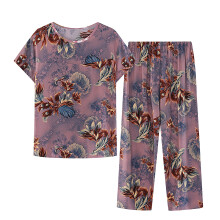 Dames zomerse pyjamaset van linnenlook, 2-delig | Top met korte mouwen, knoopsluiting en ronde hals met retroprint + broek met elastische taille |