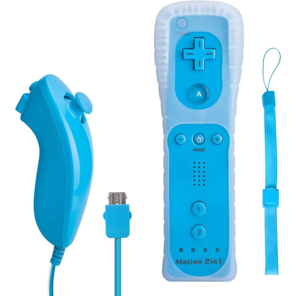 Wii Remote With Nunchuck,Wireless Controllers Compatible With Wii/Wii U With Motion Plus,Silicone Case And Wrist Strap, Blue 9450273794778