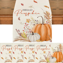 Sets de table « Bonjour citrouille, fleurs et feuilles d'automne » (lot de 4, 30 x 45 cm) et chemin de table (33 x 183 cm).