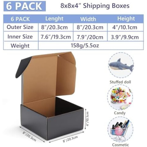 Caixas de envio pretas de papelão ondulado 8x8x4 polegadas (pacote com 6) 1