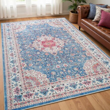 Washable 4x6 Vintage Area Rug, Non-Slip Rubber Backing, Low Pile Indoor Carpet for Living Room, Kitchen, Bathroom, Office, Bedroom – Blue & Hot Pink