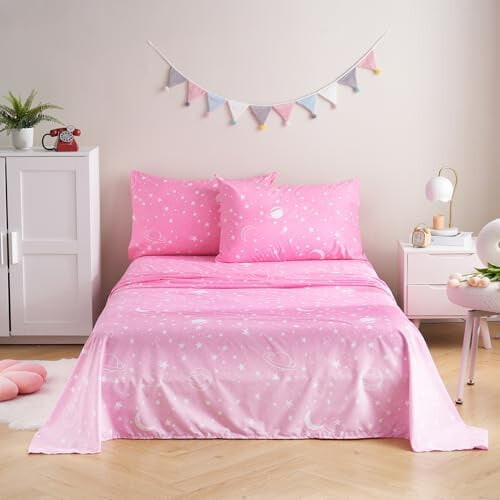 Gradient Pink Moon Stars Kids Sheet Set Full Size, 4 Piece Space Theme Microfiber Sheets Deep Pocket