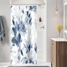 Klein douchegordijn (36x72 inch), aquarel bloemenpatroon, abstracte bloemen in marineblauw, geschikt voor studentenkamers, inclusief haken.