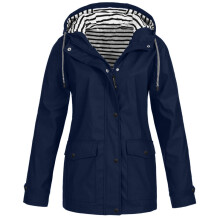 Waterdichte windjack met capuchon voor dames, marineblauw – Winddicht, trekkoord, zakken met ritssluiting, geschikt voor buitenactiviteiten
