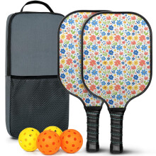 Pickleball-Schlägerset mit floralen Fiberglas-Schlägern, 2 Bällen und Tasche – Geeignet für drinnen und draußen