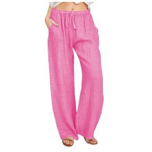 Pantaloni largi din bumbac și in pentru femei, cu croială lejeră, talie elastică, șnur de fixare, pantaloni casual și de lucru – compatibili