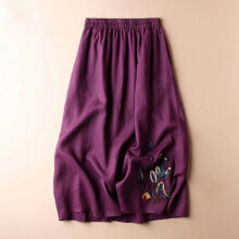 Jupe YOUSNH vintage en coton et lin brodée de fleurs, coupe trapèze, mi-longue, évasée, violette, taille XXL