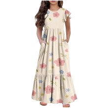 Vestido longo floral casual para meninas, manga comprida, com bolsos, ideal para festas, tamanhos de 6 a 12 anos.