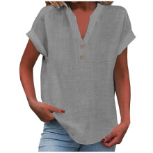 VERUGU Damen-Tops, Kurzarm, V-Ausschnitt, Baumwoll-Leinen-Hemd, Sommer, einfarbig, Knopfleiste, schlichtes Basic-T-Shirt, lässig, locker, bequem,