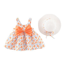 Robes fleuries tendance pour petites filles, été, grand nœud papillon, robes de princesse trapèze froncées avec chapeau, ensemble 2 pièces,