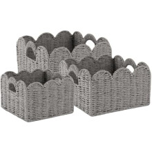 Scalloped Wicker Baskets, Hand-woven Storage Baskets with Built-in Handles, Paper Rope Shelf Baskets for Organizing and Decoration, Set of 3-Grey