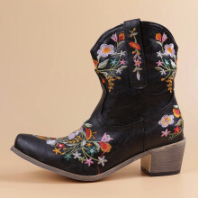 Botas de otoño para mujer, moda vaquera bordada, estilo casual, cálidas, con tacón medio, estilo tubo, cortas, 5.5 (36)