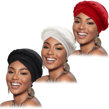 Lot de 3 turbans africains pré-noués et torsadés pour femmes, foulards et bonnets pour cheveux