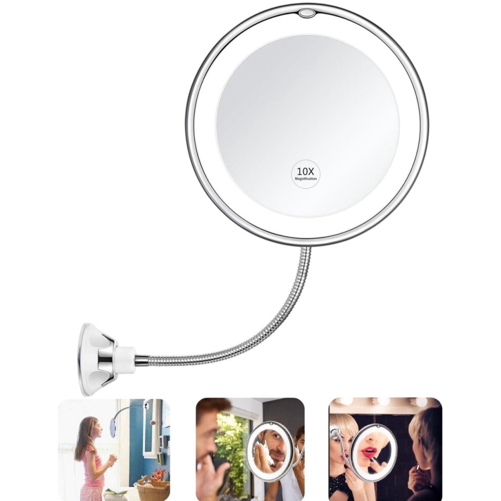 LED 10X Magnifying Makeup Mirror with Suction Cup and 360