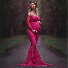 LoyisViDion Casual Dresses Womens Maternity Dresses Ladies Fashion Sexy Mesh Lace Long Sleeve Photography Mopping Long Dress,Maternity/Red S