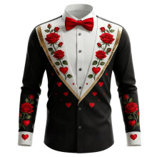 Mens T-Shirts Valentine's Day Print Blouses Long Sleeve Button Lapel Casual Tops for Man