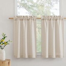 Linen Kitchen Curtains, 26"x30", Rod Pocket, Semi-Sheer, Light Filtering, Beige, 2 Panels Set