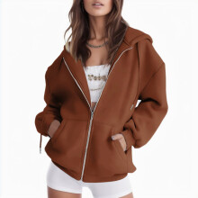 Ediodpoh Dam Casual Enfärgad Långärmad Dragkedja Huva Kappa Ficktröja Toppar Hoodies Tröja för Dam Brun_001XL