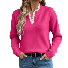 Pull d'hiver élégant en maille pour femme, col en dentelle, manches longues, coupe ample – Haut tendance en fil doux et confortable